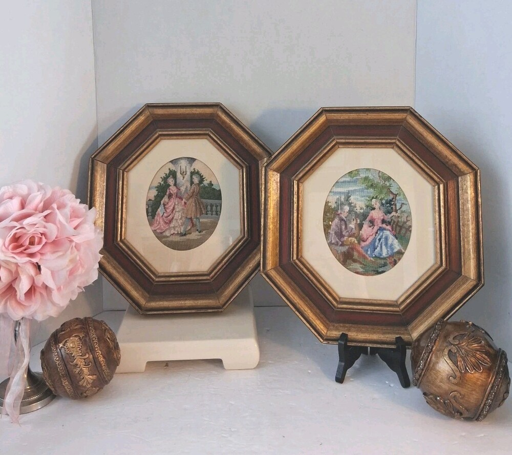 VTG Octagonal Framed Needlepoint Wall Art Pair - Courting Couple, EUC